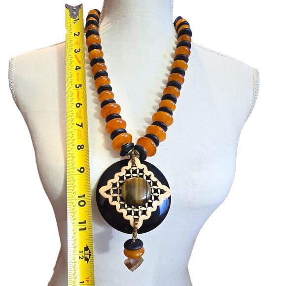 Chico's Statement Necklace Chunky Beads Tiger Eye Pendant 20 Inch Boho Jewelry - Picture 2 of 8